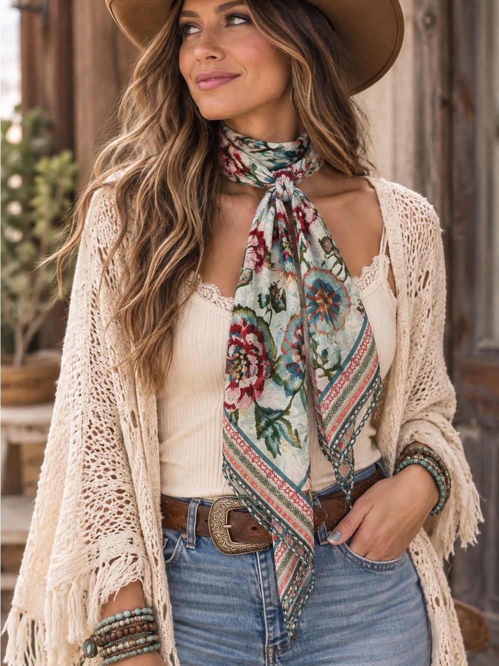 Johnny Was Gillian Floral Silk-Blend Neck Scarf in Cream, Red & Teal